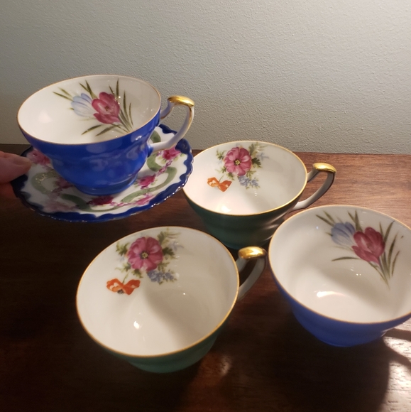 Vintage Other - Beautiful Vintage Blue Ucagco Hand Painted China Teacups - 4 cups, 1 saucer